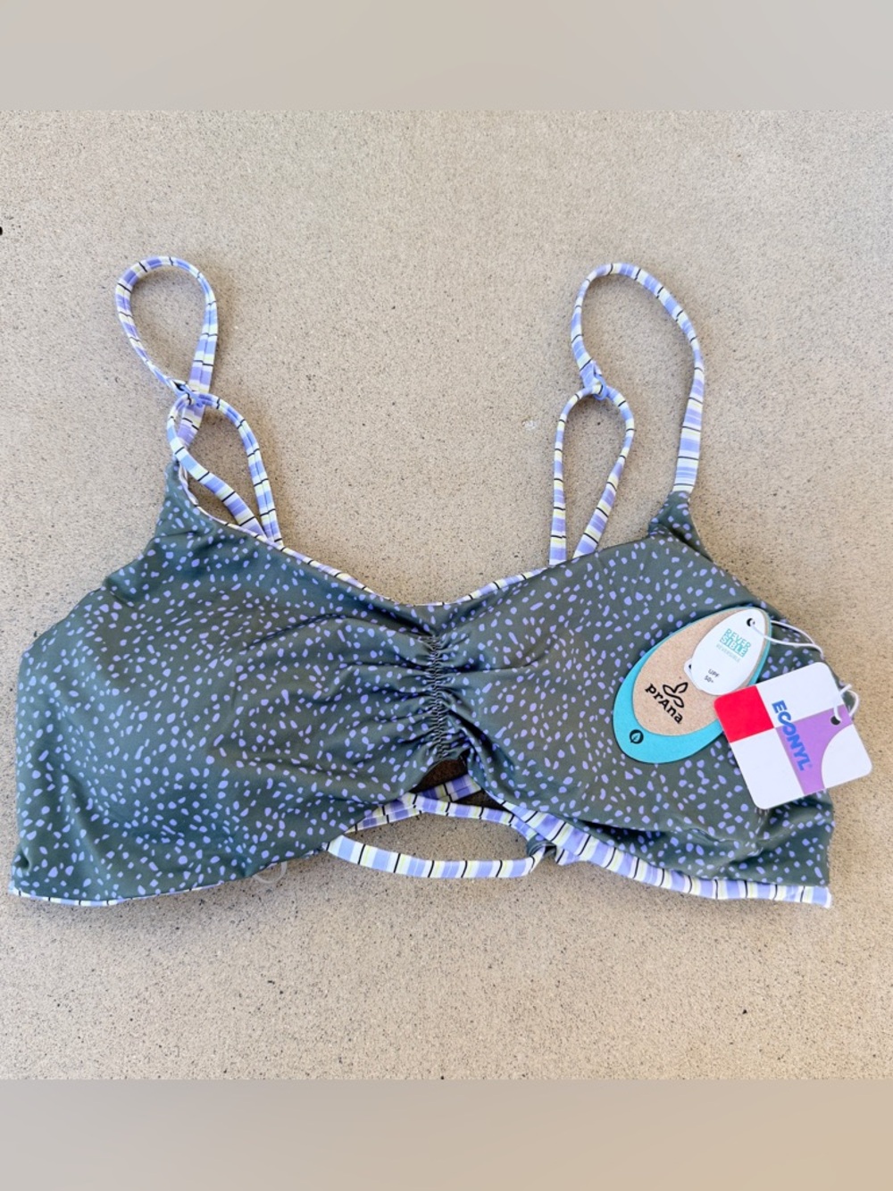 NWT prAna Jess Reversible Bikini Swim Top Large Army Spots UPF 50+ Sustainable
